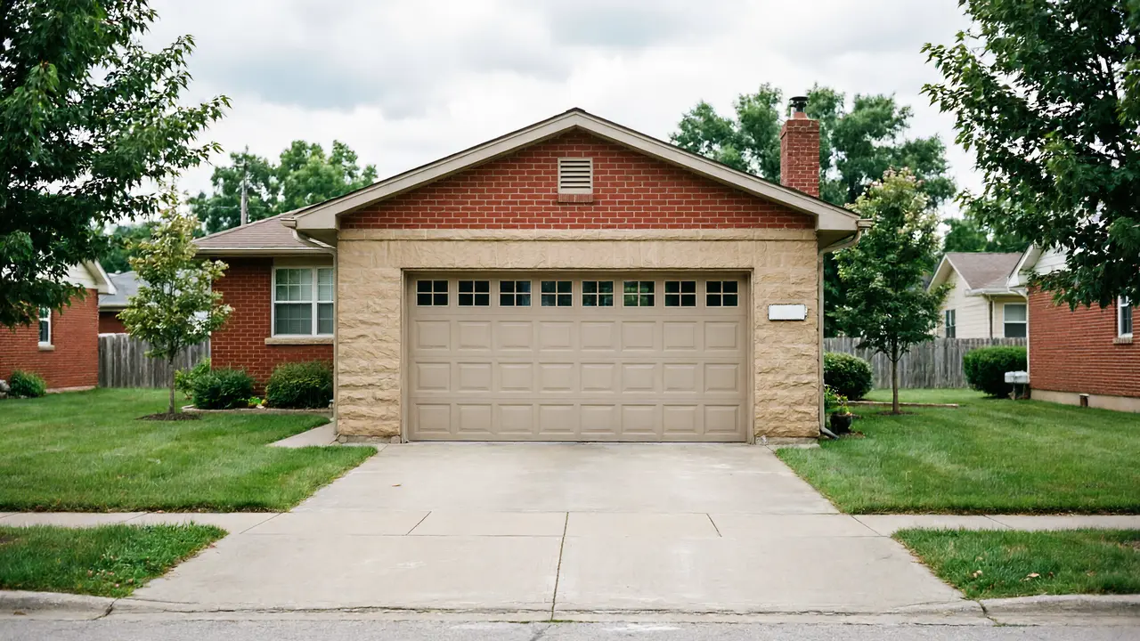 A beige garage door with windows on a brick and stone house.