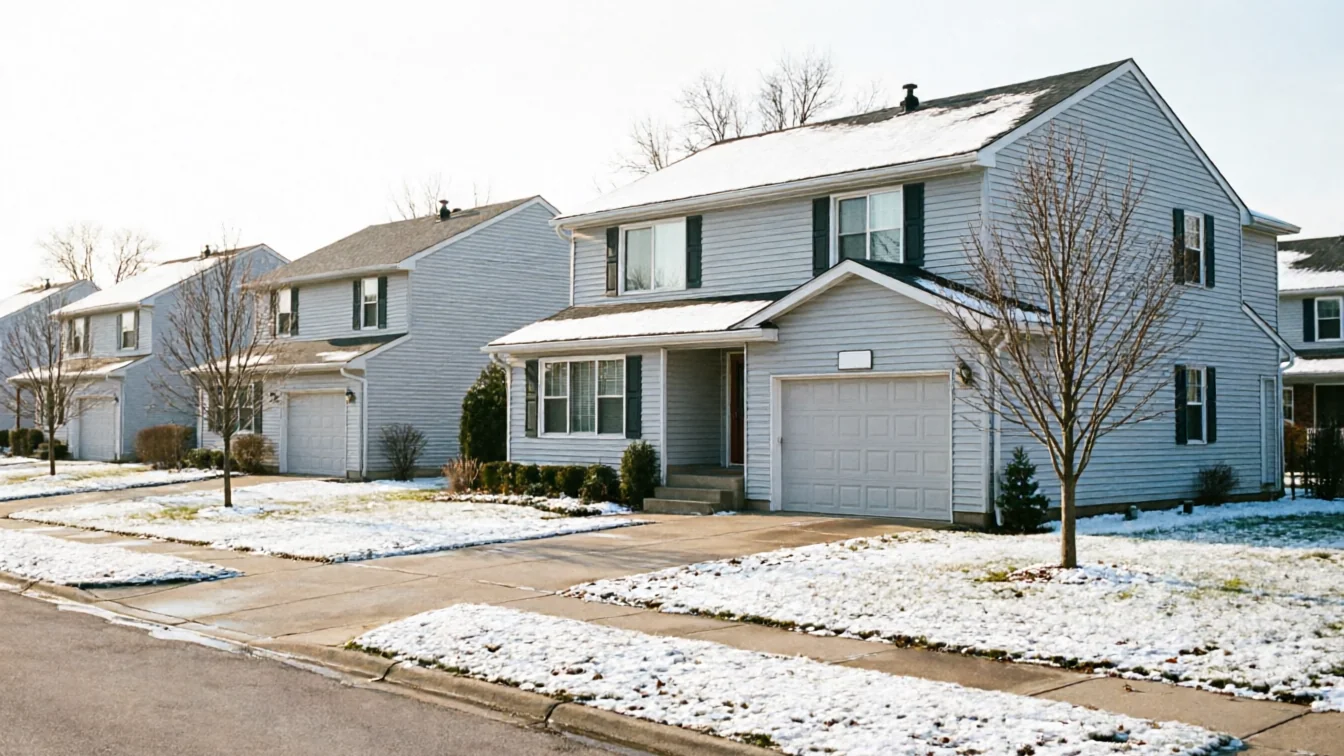 A row of light blue houses with white garage doors and snow on the ground.