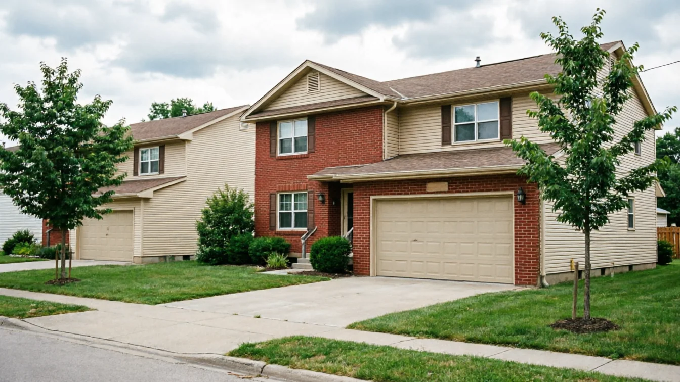 Two houses with tan garage doors are visible from the street on a cloudy day.