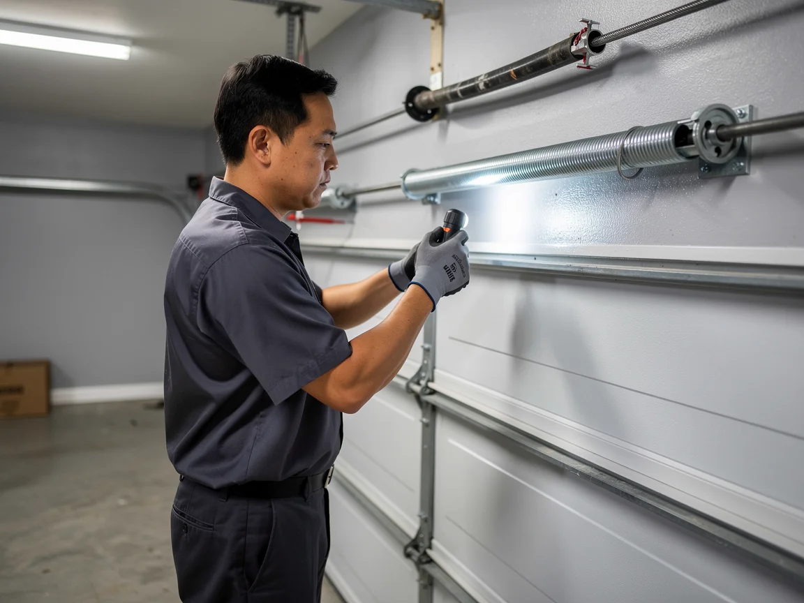 A technician in a gray uniform shines a flashlight on a garage door torsion spring.