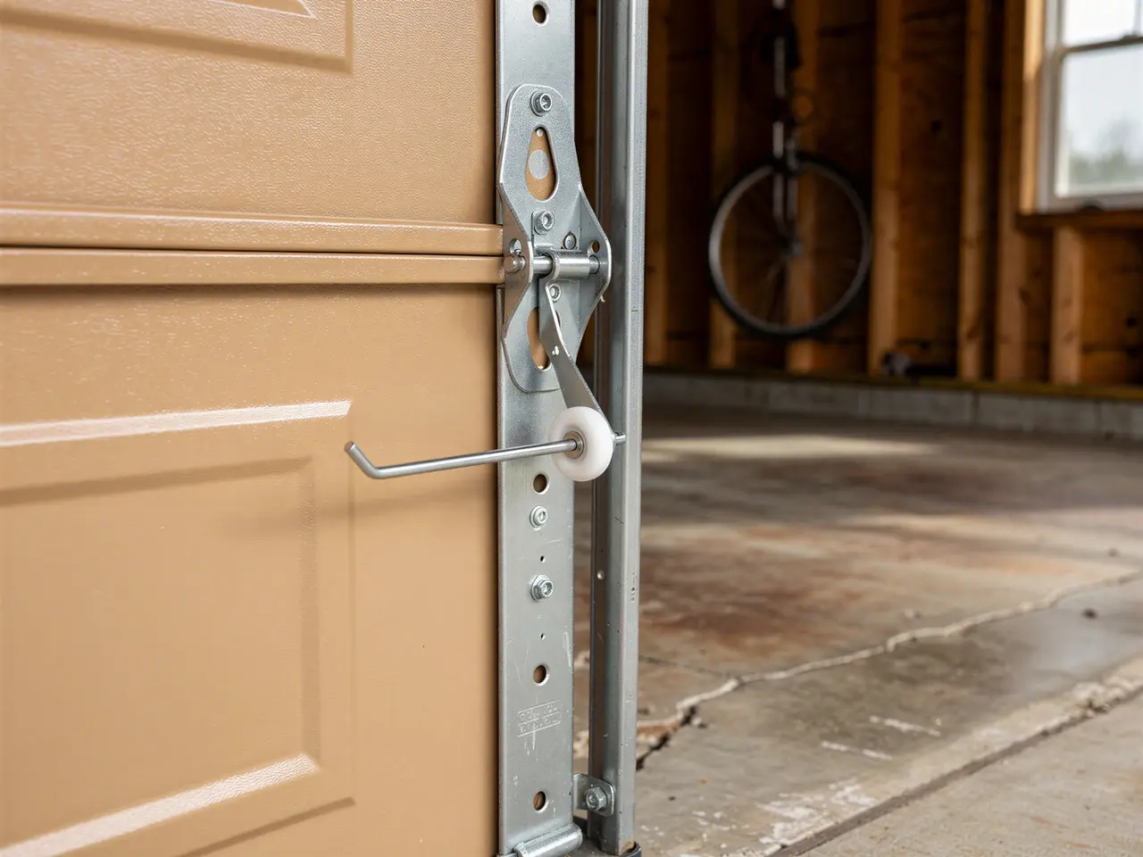 A tan garage door is open, showing a roller and track with a concrete floor.