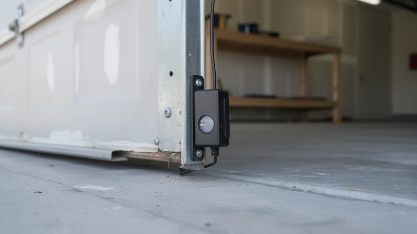 A black safety sensor is mounted on a garage door track.