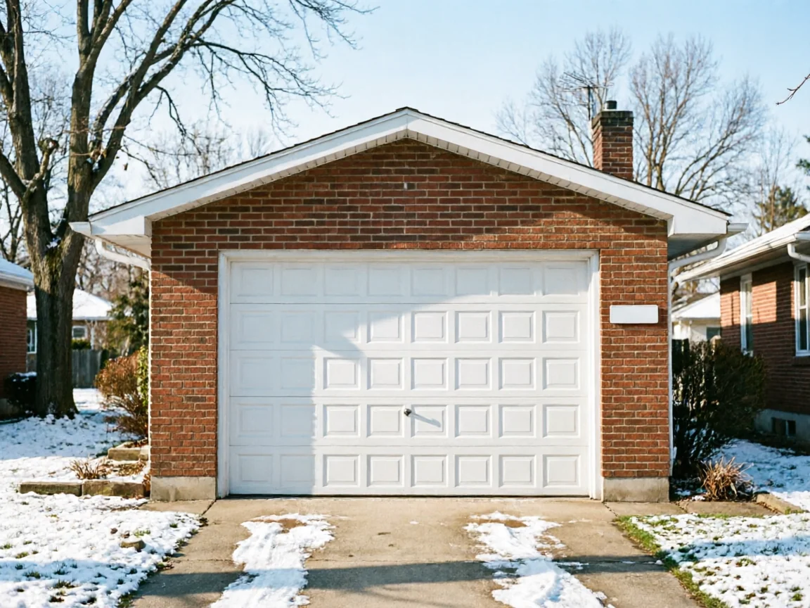 A white garage door on a brick garage with snow on the ground.
