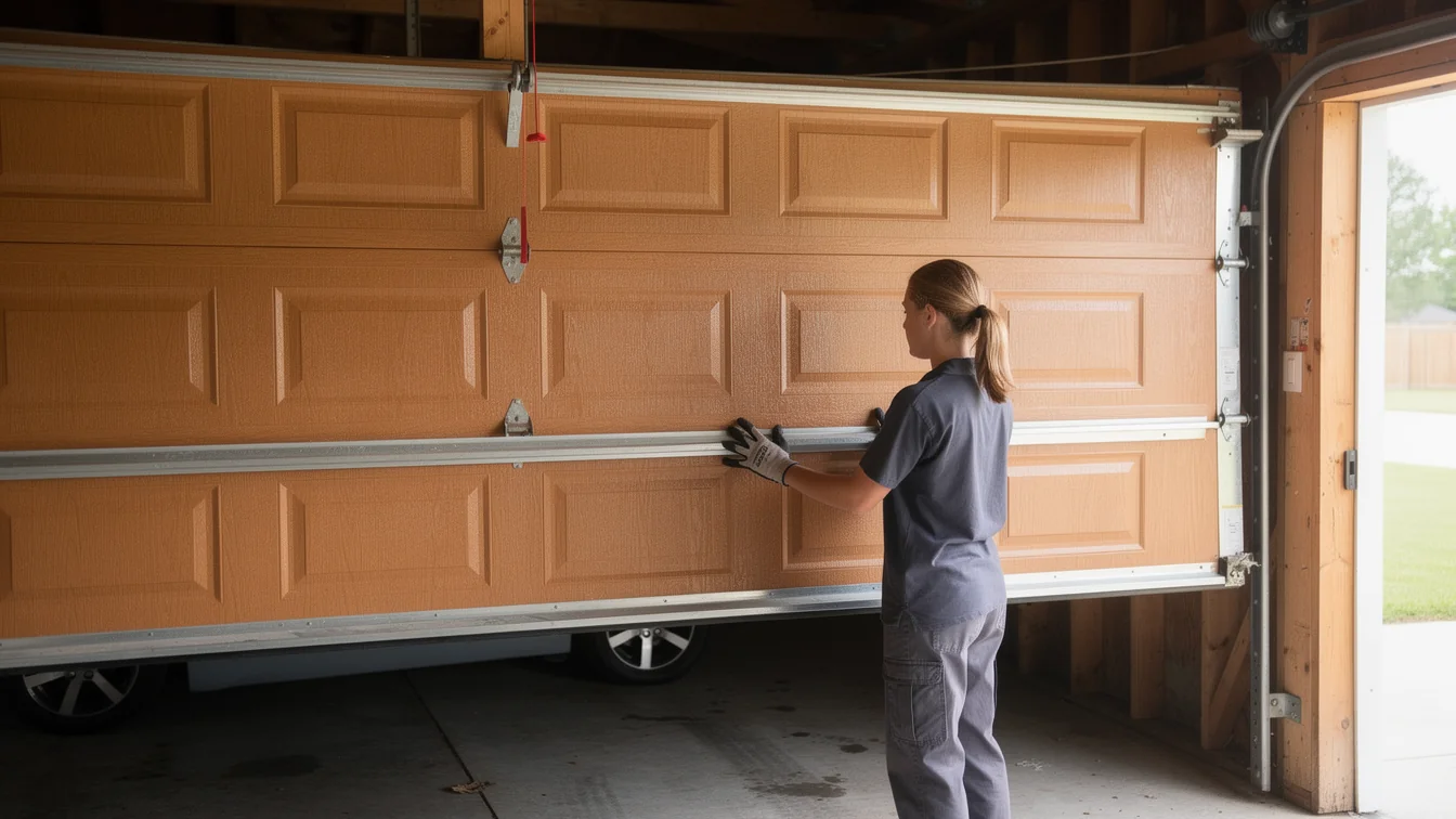 A technician in work gloves adjusts a brown garage door.